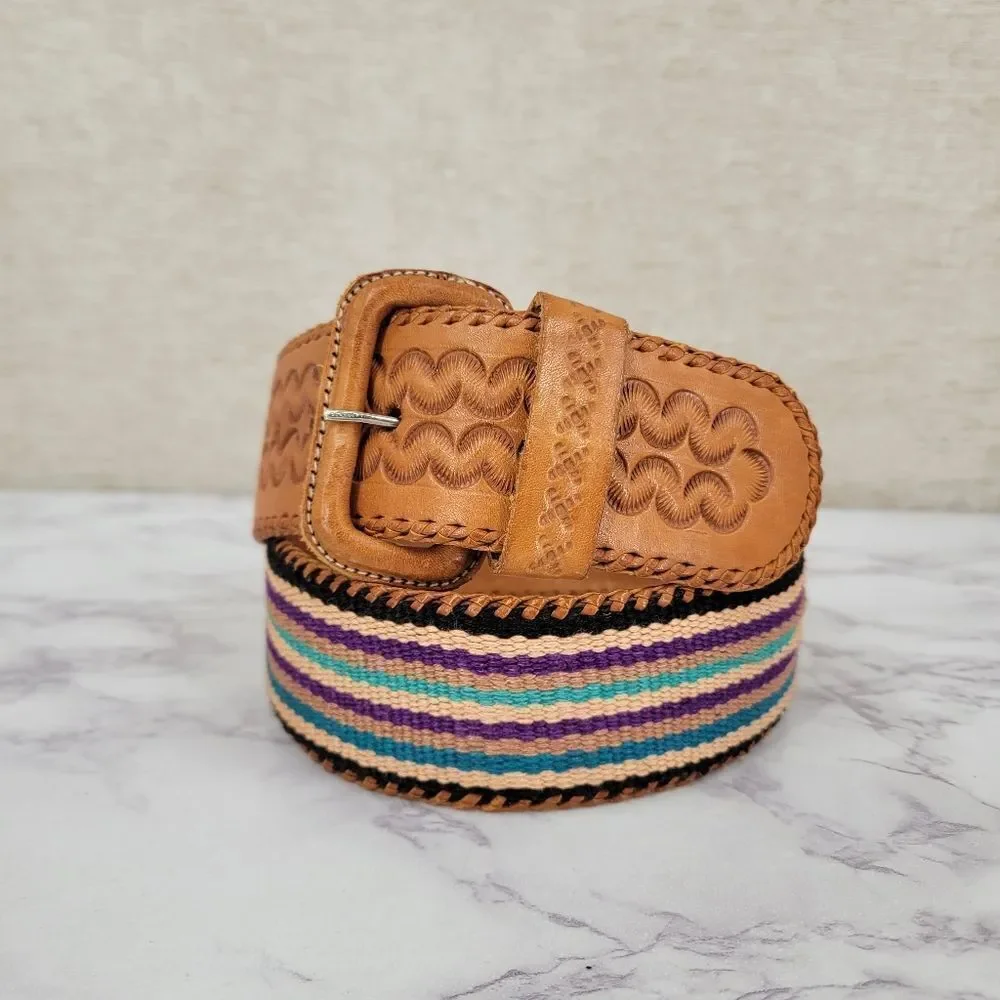 Tan Tooled Leather and Multicolor Canvas Striped Belt Vintage